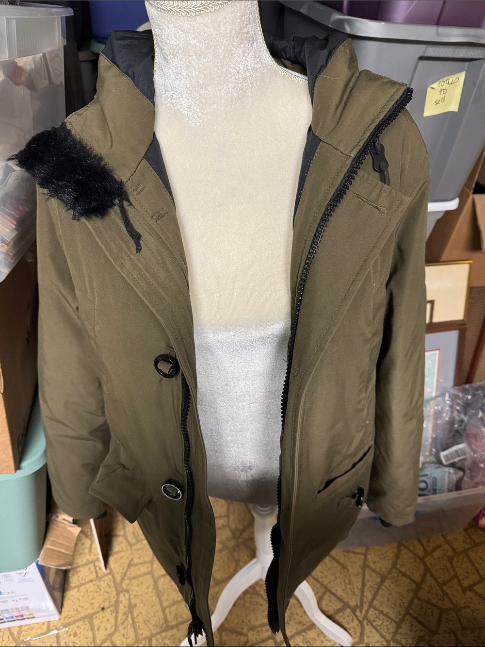 TNA Olive Green Hooded Puffer Coat with Black Trim